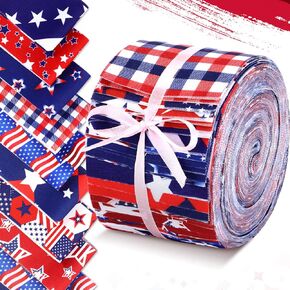 Panelee 40 Pcs 4th of July Patriotic Fabric 2.6 x 40 American Flag Precut Strips for Quilting Red White and Blue Roll up Patchwork Fabric for Independence Day DIY Sewing Quilting Handmade, 8 Styles