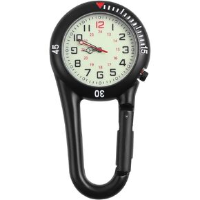 Hemobllo Clip-on Watch Night Light Alloy Unisex Backpack Buckle Belt fob Watch Black with White dial Ideal for Doctors Nurses Rock Climbing (Black)