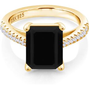Gem Stone King 18K Yellow Gold Plated Silver Black Onyx and White Created Sapphire Ring For Women (3.39 Cttw, Gemstone Birthstone, Available in size 5, 6, 7, 8, 9)