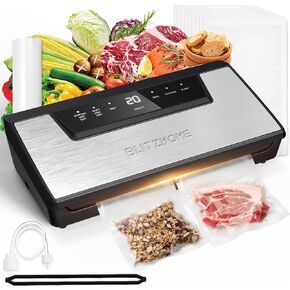 BLITZHOME Vacuum Sealer Machine, 6 Easy Modes for Dry/Moist Food Storage/Sous Vide, Built-in Cutter/Storage, Visual Seal-Time, Automatic Food Sealer with 15Pcs Bags,1 Roll, Full Starter Kit