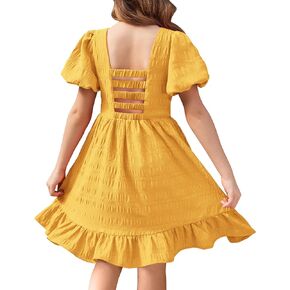 Arshiner Girls Backless Dress Short Sleeve Square Neck Ruffle Hem Elegant Dresses