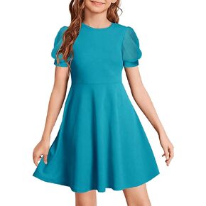 YOVION Girls Summer Mesh Puff Sleeve High Waist A-Line Casual Party Swing Dress with Pockets