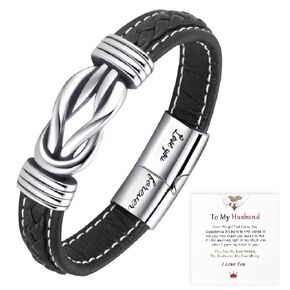 To My Husband Bracelet from Wife Steel Genuine Leather Bracelet,“Love My Husband" Men Bracelet Handmade Braided Rope Wristband Cuff Bracelet Gift for Husband,Fathers Day Gifts(To My Husband, Twist)
