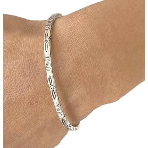 Sterling Silver Boho Floral Cuff Bracelet, Handmade Thin Delicate Squarish Bangle with oxidized flowers engraving, adjustable, Gift for Her