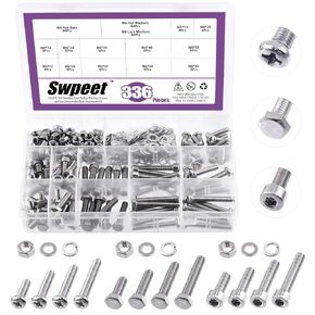 Swpeet 112Pcs Metric 304 Stainless Steel M10 x 15/25/35/40mm Pan Phillips Machine Screws and Hex Bolts Screws with Hex Nuts & Flat Washers & Split Lock Washers Assortment Kit