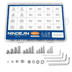 NINDEJIN Metric Button Head Socket Cap Screw Bolts & Flat Washers & Nuts Assortment Kit M2 M3 M4 M5 Stainless Steel Machine Screws Set and Wrench, 880PCS