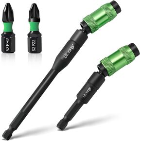 Litorange 4PCS 90mm & 145mm Magnetic Pivoting Impact Screwdriver Drill Bit,1/4" Hex Pivoting bit holder, With 2 x 25mm PZ2 & PH2 Bits Rotary Drill Extension Bit Holder for Narrow Spaces or Corners