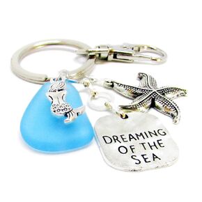 Dreaming of the Sea Keychain - Tropical Mermaid Jewelry with Blue Glass and Quote Charm