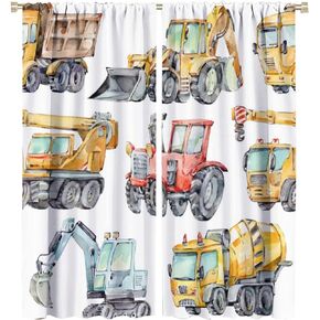 Kids Cartoon Construction Curtains, Funny Construction Site Cars and Helicopter Cartoon Scene Darkening Door Window Rod Pocket Curtain for Bedroom Living Room 42x45in