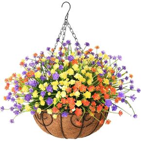 Homsunny Artificial Flowers in Basket,Fake Hanging Baskets with Flowers for Outdoors Indoors Courtyard Decor,12 inch Coconut Lining Basket for Patio Garden Porch Deck Decoration