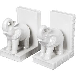 White Glazed Ceramic Elephants Bookend Set