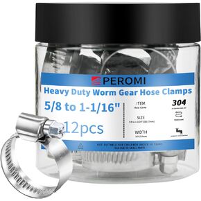 Hose Clamps, PEROMI 304 Stainless Steel Worm Gear Drive Mini Hose Clamp Adjustable Range 5/8" to 1-1/16", Heavy Duty Metal Fuel Line Pipe Clamp for Plumbing, Automotive And Mechanical,12pcs