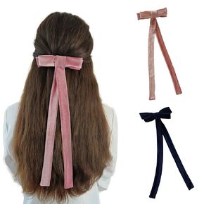Velvet Hair Barrette Duo with Extra Long Tail - Set of 2 | Hair Bow Clips for Women, Hair Ties for Girls, Elegant Hair Styling Accessories in Pink & Blue