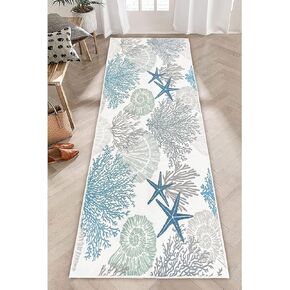 Beach Coastal Hallway Runner Rug 2x6 Starfish Ocean Theme Throw Accent Rugs Teal Blue Area Rug Nautical Hallway Rugs Non Slip Washable Runner Floor Carpet for Entryway Kitchen Laundry Bathroom Bedroom