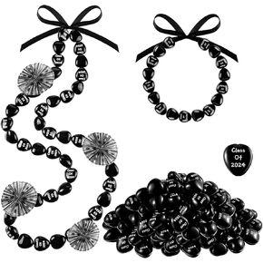 Kathfly 62 Pcs Graduation Class of 2024 Kukui Nut Leis Bead Necklaces with Ribbon Black Hawaiian Kukui Nut Necklace Graduation Luau Hula Necklace DIY Gift Tiki Luau Party Accessories for Men Women Kid