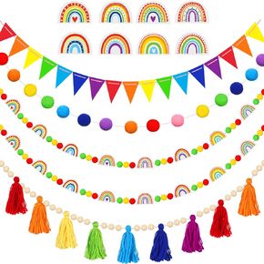 Sumind 5 Pcs Rainbow Tassel Garland Boho Pom Pom Garland Decorations Rainbow Felt Ball Garland Colorful Candy Garland Banner for Holiday Home Office School Classroom Decor(Classic)