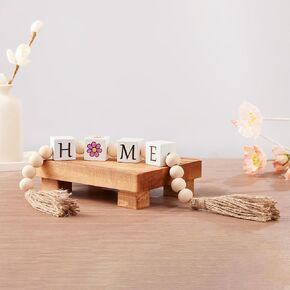Wood Home Block Bead Garland with Tassels, Reversible 4 Seasons Home Sign for Seasonal Holiday Decor, Modern Farmhouse Decorative Beaded Garland for Tabletop, Mantel, Shelf, Tiered Tray Decor