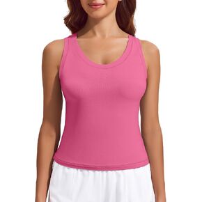 PINSPARK Workout Tops for Women Double Lined Athletic Shirts Scoop Neck Racerback Gym Tanks Sleeveless Tight Crop Yoga Top