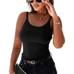 Women's Tank Tops Casual Round Neck Ribbed Slim Fit Spaghetti Strap Cami Sleeveless Summer Shirt