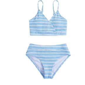 Milumia Girl's Two Piece Swimsuit Striped V Neck Spaghetti Strap Wireless Bikini Set Striped Blue 12Y