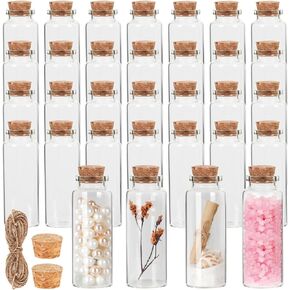40 ml Small Glass Bottles with Cork, 32 Pack Mini Bottles with Twine & EXTRA Cork Stoppers, Small Vials with Lids, Tiny Glass Bottles, Mini Potion Bottles, Message in a Bottle for Theme Party, Sand