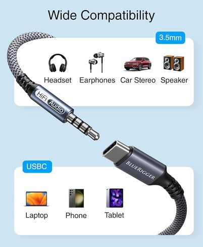 BlueRigger USB C to 3.5mm Audio Cable - (6FT, Male AUX to USB C, Type C AUX Cord, USBC to Headphone Jack Cable, USB-C Dongle, Type C to 1/8) - Compatible with Phone, Tablet, Laptop in Saudi Arabia