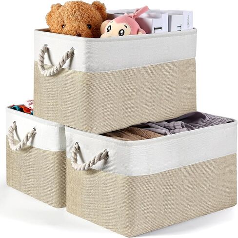 Storage Basket (3 Pack), Fabric Storage Bins 15" (L) x11" (W) x9.5" (H) for Shelves, Foldable Large Canvas Storage Baskets with Handle for Organizing Clothes Nursery Laundry-White&Grey in Saudi Arabia