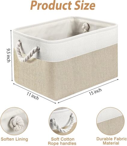 Storage Basket (3 Pack), Fabric Storage Bins 15" (L) x11" (W) x9.5" (H) for Shelves, Foldable Large Canvas Storage Baskets with Handle for Organizing Clothes Nursery Laundry-White&Grey in Saudi Arabia
