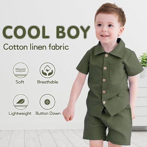 Neutocd Toddler Baby Boy Summer Clothes Cotton Linen Short Sleeve Solid Button Down Shirt Shorts Set Outfits with Pockets in Kuwait