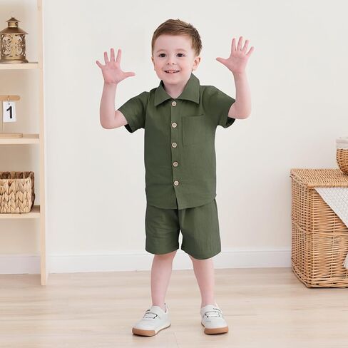Neutocd Toddler Baby Boy Summer Clothes Cotton Linen Short Sleeve Solid Button Down Shirt Shorts Set Outfits with Pockets in Kuwait