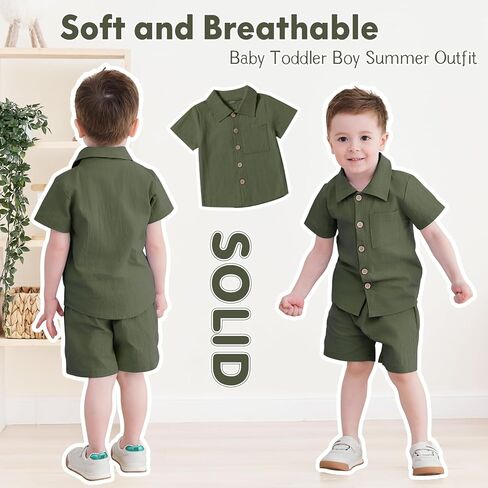 Neutocd Toddler Baby Boy Summer Clothes Cotton Linen Short Sleeve Solid Button Down Shirt Shorts Set Outfits with Pockets in Kuwait