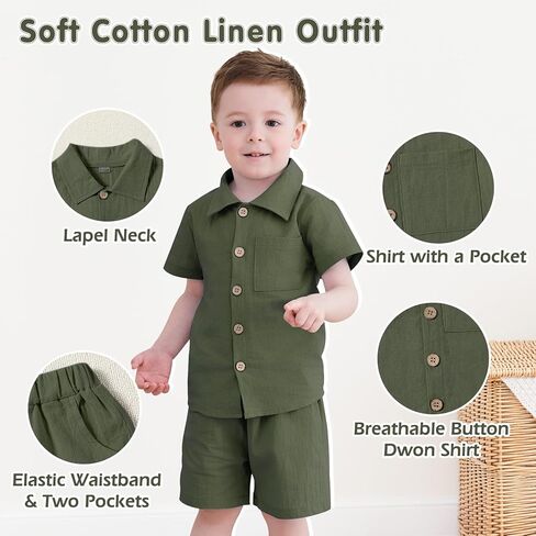 Neutocd Toddler Baby Boy Summer Clothes Cotton Linen Short Sleeve Solid Button Down Shirt Shorts Set Outfits with Pockets in Kuwait
