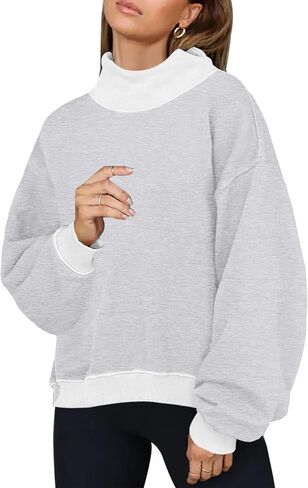 بلوزات نسائية كبيرة الحجم بلوفر بياقة مدورة وهمية قطع علوية ملونة بأكمام طويلة ملابس خريفية 2023 Y2K ملابس عصرية رمادي in Kuwait