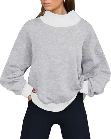 بلوزات نسائية كبيرة الحجم بلوفر بياقة مدورة وهمية قطع علوية ملونة بأكمام طويلة ملابس خريفية 2023 Y2K ملابس عصرية رمادي in Kuwait