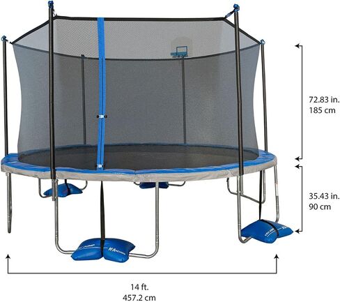 Outdoor Trampoline with Safety Enclosure Net and AirDunk Basketball System - Sizes: 14FT and 15FT, Color: Blue in Saudi Arabia