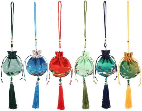6PCS Chinese Sachet Silk Brocade Round Bottom Empty Bag Cloth Car Hanging Decor Coin Bags Pouches with Drawstring Jewelry Gift Bag in Saudi Arabia