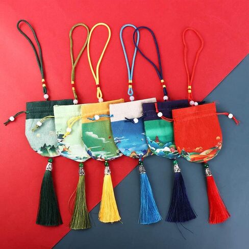 6PCS Chinese Sachet Silk Brocade Round Bottom Empty Bag Cloth Car Hanging Decor Coin Bags Pouches with Drawstring Jewelry Gift Bag in Saudi Arabia