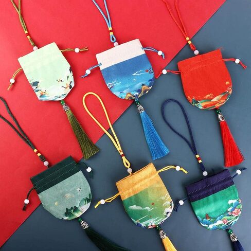 6PCS Chinese Sachet Silk Brocade Round Bottom Empty Bag Cloth Car Hanging Decor Coin Bags Pouches with Drawstring Jewelry Gift Bag in Saudi Arabia