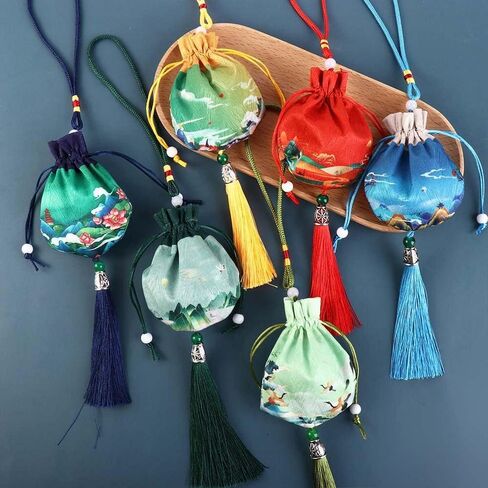 6PCS Chinese Sachet Silk Brocade Round Bottom Empty Bag Cloth Car Hanging Decor Coin Bags Pouches with Drawstring Jewelry Gift Bag in Saudi Arabia