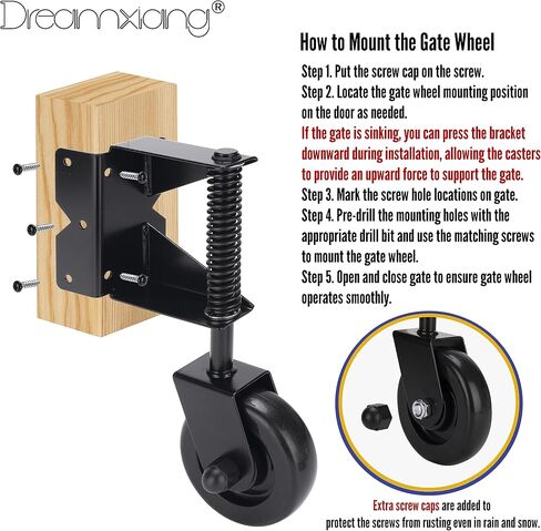 Gate Wheel Spring-Loaded Gate Caster Kit for Wooden PVC Fences, Heavy Duty Gate Helper Wheel, Outdoor Rolling Fence Gate Support Wheel Rollers Kit, 4.3-Inch, Black (Left) in Kuwait