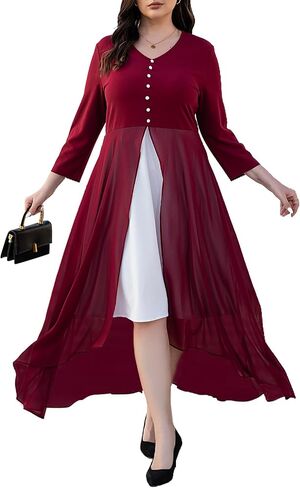 Women's Plus Size 3/4 Sleeve V Neck Chiffon Contrast Panel Cocktail Semi Formal Midi Dresses in Saudi Arabia