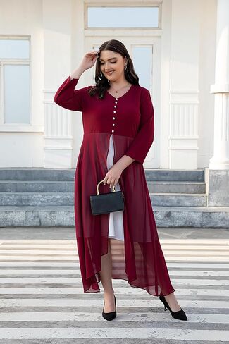 Women's Plus Size 3/4 Sleeve V Neck Chiffon Contrast Panel Cocktail Semi Formal Midi Dresses in Saudi Arabia