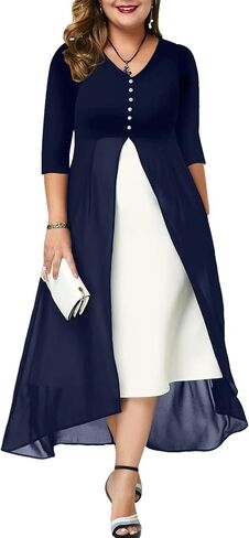Women's Plus Size 3/4 Sleeve V Neck Chiffon Contrast Panel Cocktail Semi Formal Midi Dresses in Saudi Arabia