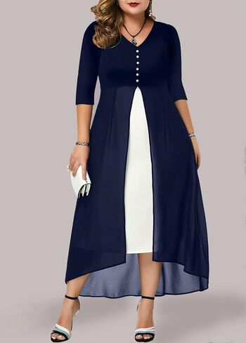 Women's Plus Size 3/4 Sleeve V Neck Chiffon Contrast Panel Cocktail Semi Formal Midi Dresses in Saudi Arabia