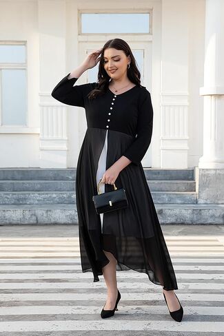 Women's Plus Size 3/4 Sleeve V Neck Chiffon Contrast Panel Cocktail Semi Formal Midi Dresses in Saudi Arabia