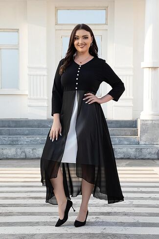 Women's Plus Size 3/4 Sleeve V Neck Chiffon Contrast Panel Cocktail Semi Formal Midi Dresses in Saudi Arabia