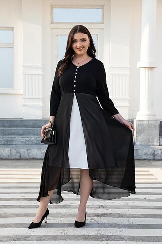 Women's Plus Size 3/4 Sleeve V Neck Chiffon Contrast Panel Cocktail Semi Formal Midi Dresses in Saudi Arabia