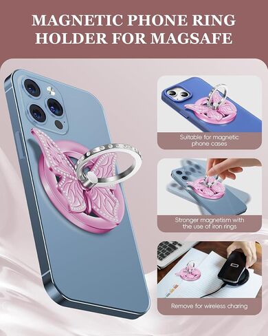 Magnetic Phone Ring Holder for MagSafe[Removable], Magnetic Phone Grip [Loop Grip] with 2 Metal Rings, Phone Ring Stand Holder Finger Grip Kickstand 360° Rotation, MagSafe Accessories(Rose Gold) in Saudi Arabia