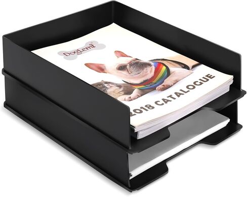 صينية رسائل مكتبية، قطعتان من صينية ورق بلاستيكية قابلة للتكديس بحجم A4، حامل ورق منظم مستندات سطح المكتب، 13 × 9.6 بوصة، أفقي أسود in Kuwait