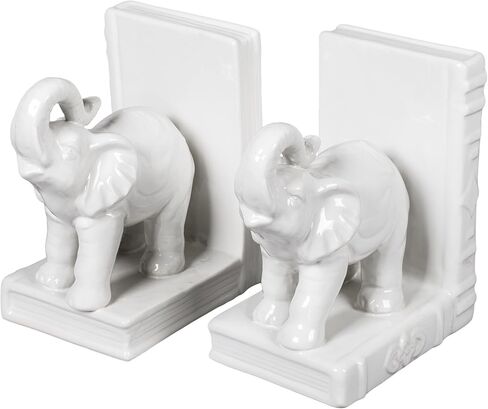 White Glazed Ceramic Elephants Bookend Set in Saudi Arabia